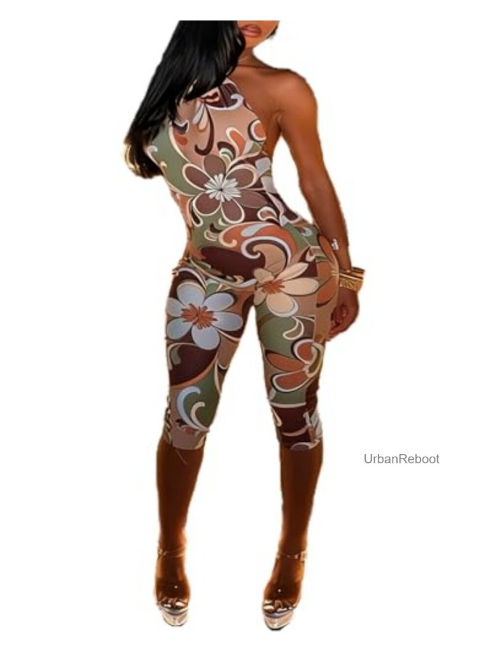 Sexy Halter Backless Capri Jumpsuit Boho Floral Print Slim Fit Women's